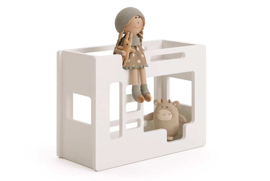 Drewniane łóżko piętrowe dla lalek wykonane ze sklejki sosnowej w kolorze białym